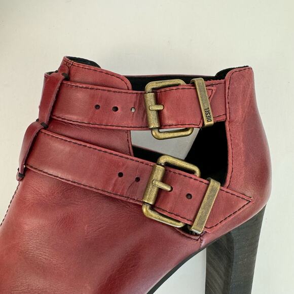 Diesel High Heel Booties Peep-Toe Dark Red Combat Sole | Size US 9 - Picture 9 of 12